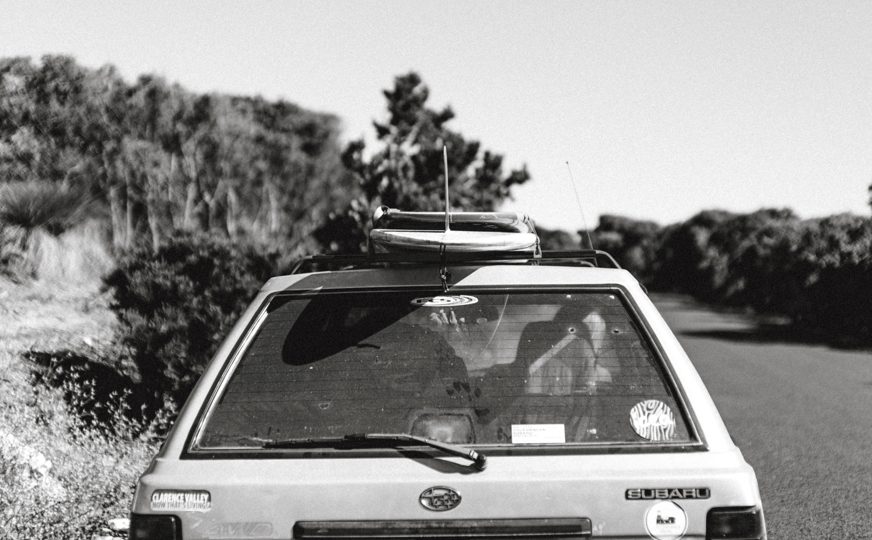 a black and white Subaru car