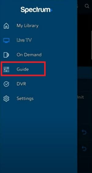 selecting Guide on the Spectrum app side menu